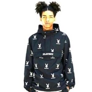 Playboy Anorak Windbreaker Mens Medium Black PacSun All Over Logo Print Jacket